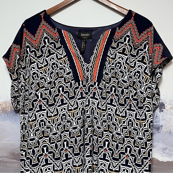 LAUNDRY by SHELLI SEGAL Aztec Shift Dress‎ Size L Mandarin Red Multi Liquid Knit - Picture 3 of 16